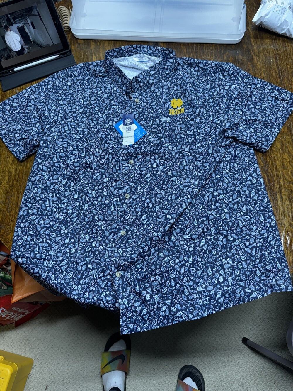 Columbia PFG Shirt Mens Med Short Sleeve Button Notre Dame Irish Fishing $65